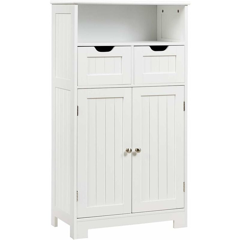 Meuble de Rangement de Salle de Bain Commode Blanche de Toilette/Chambre avec 2 Tiroirs et 2 Portes, Double Zones de Rangement Armoire pour Salle à