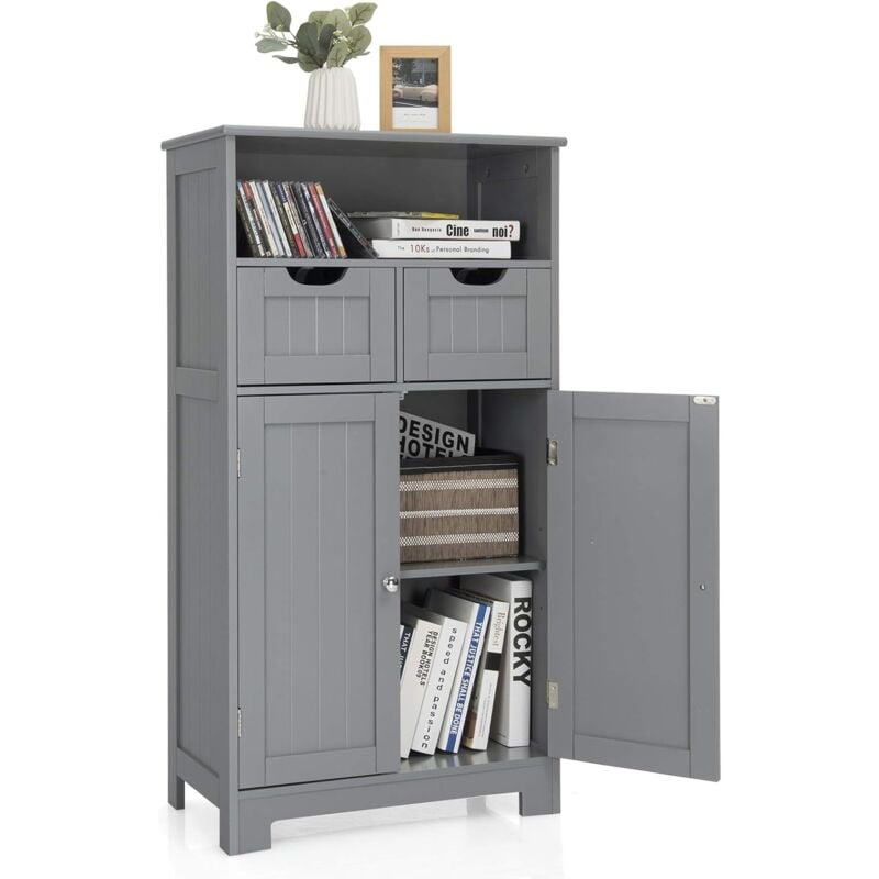 Costway - Meuble de Rangement de Salle de Bain Commode Blanche de Toilette/Chambre avec 2 Tiroirs et 2 Portes, Double Zones de Rangement Armoire pour