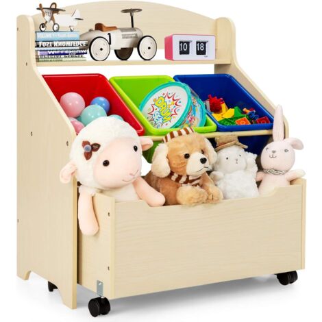 COSTWAY Meuble de Rangement Enfants avec 3 Bacs et 1 Tiroir à roulettes,Etagère à Jouets avec Espace de Stockage,Design Moderne Ergonomique,63,5 x 38 x 76 cm,Naturel