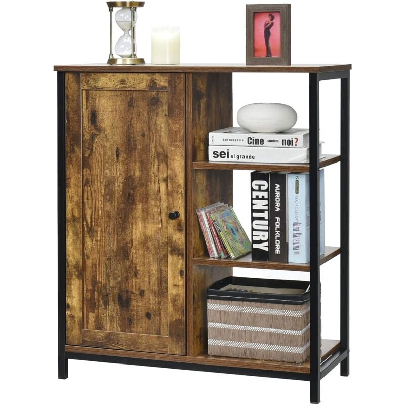 meuble de rangement industriel, placard buffet avec 3 etageres ouvertes et 1 compartiment, 70x30x81,5cm, marron rustique - costway