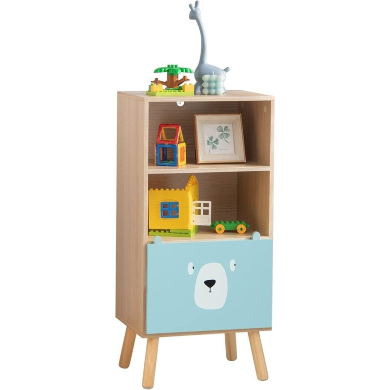 Meuble de Rangement Jouet Enfants à 3 Niveaux avec Tiroir en Forme d'Ours, Étagère de Rangement en Bois avec Dispositif Anti-basculement,