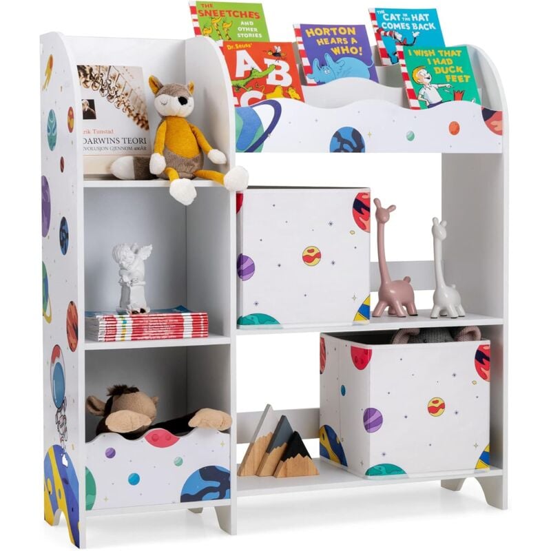 Costway - Meuble de Rangement Jouet Enfants avec Motif Astronaute & 5 Compartiments, Étagère de Jouets avec 2 Tiroirs en Tissu, Dispositif