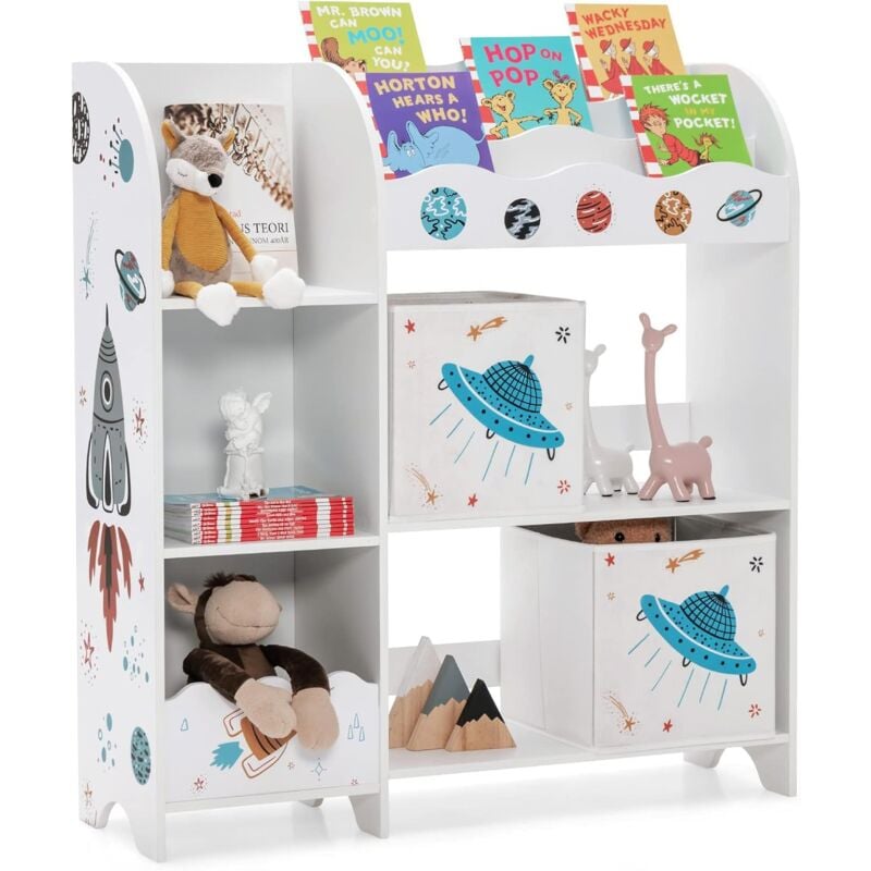 Costway - Meuble de Rangement Jouet Enfants avec Motif Fusée & 5 Compartiments, Étagère de Jouets avec 2 Tiroirs en Tissu, Dispositif