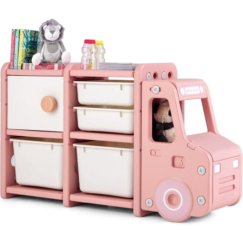 Meuble de Rangement Jouets pour Enfant en Forme Camion avec 2 Bac & 2 Tiroirs, Etagère à Jouet en hdpe avec 1 Placard, Bibliothèque pour Chambre