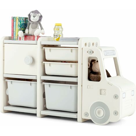 Costway – Etagère à jouets en HDPE pour enfant – 2 bacs amovibles, 2 tiroirs, 1 placard – Dimensions 110 x 32 x 66 cm – Couleur beige