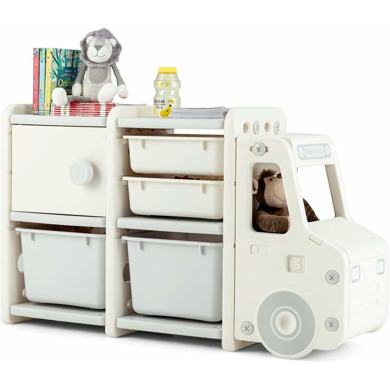 Meuble de Rangement Jouets pour Enfant en Forme de Camion,Etagère à Jouet en hdpe avec 2 Bac, 2 Tiroirs et 1 Placard,Cadeau pour Salle de Jeux,110 x