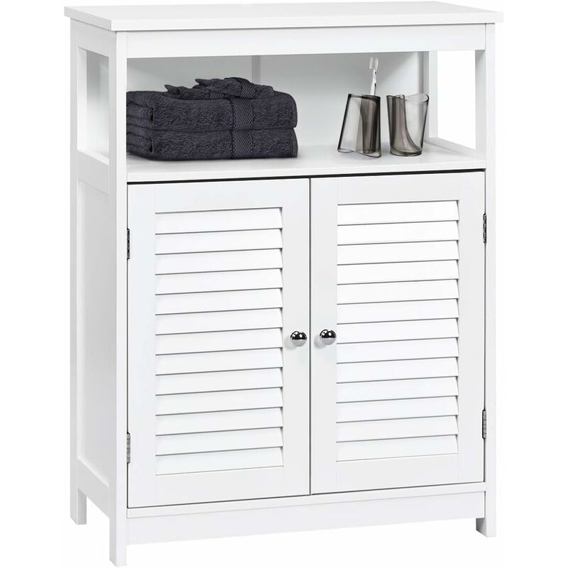 Costway - Meuble Salle de Bain/Rangement de Salle de Bain-2 Portes Persiennes-Etagère réglable-Dispostif Anti-basculement-60x30,5x80cm Blanc