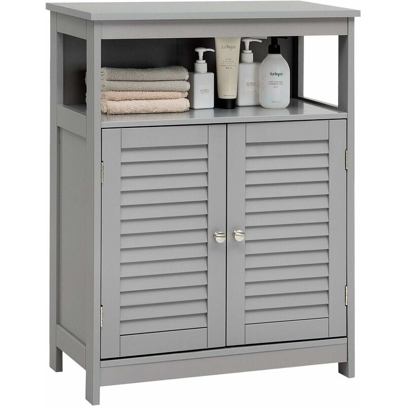 Costway - Meuble de Rangement pour Salle de Bain en Bois avec Placard 2 Portes à Volet Etagère Réglable pour Salle de Bain Salon Gris