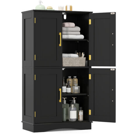 Costway – Meuble de rangement salle de bain 110 cm – 4 portes – 2 étagères réglables – MDF noir pour rangement sécurisé et élégant