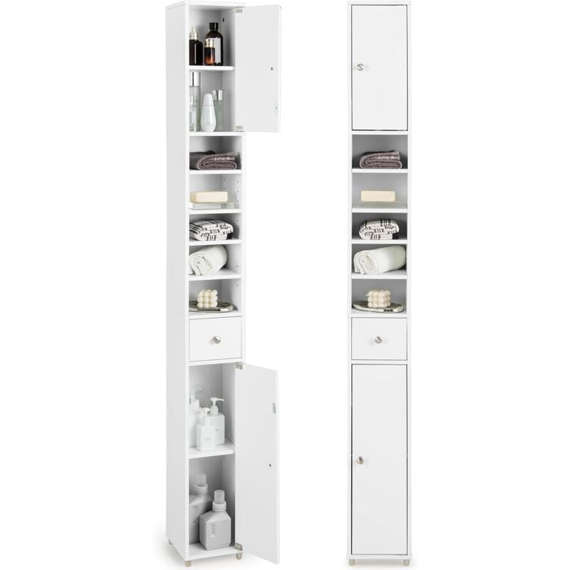 Meuble de Rangement Salle de Bain, Meuble Colonne avec 2 Placards à Porte, 1 Tiroir et 5 Étagères Réglables, Armoire de Toilette, 20 x 20 x 180 cm,