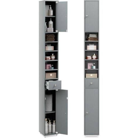 COSTWAY Meuble de Rangement Salle de Bain, Meuble Colonne avec 2 Placards à Porte, 1 Tiroir et 5 Étagères Réglables, Armoire de Toilette, 20 x 20 x 180 cm, Gris