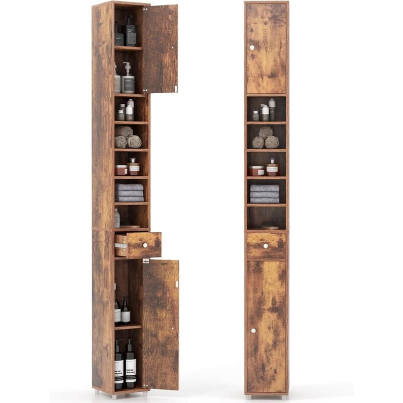 Meuble de Rangement Salle de Bain, Meuble Colonne avec 2 Placards à Porte, 1 Tiroir et 5 Étagères Réglables, Armoire de Toilette, 20 x 20 x 180 cm