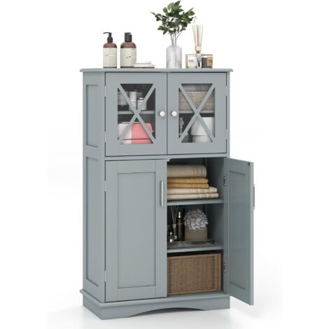 COSTWAY Meuble de Salle de Bain à 4 Portes, Colonne Salle de Bain 2 Portes Vitrées, Armoire Haute avec 3 Étagères Réglables pour Salle de Bain, Salon, Cuisine, 30 x 60 x 108 cm, Gris