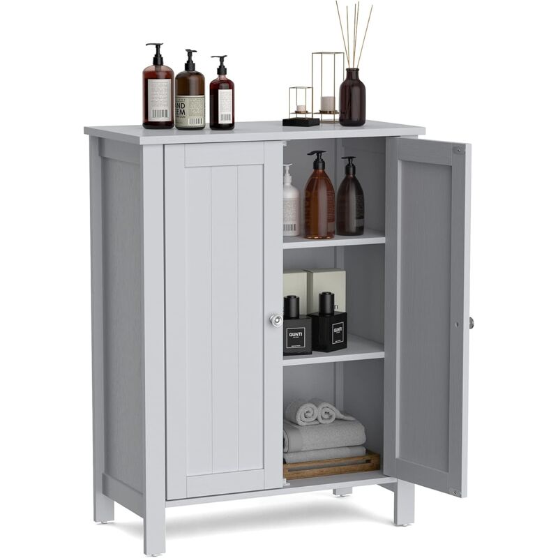 COSTWAY Meuble de Salle de Bain à Poser, Armoire de Rangement sur Pieds avec Deux Portes, Étagères Réglables, Dispositif Anti-Dumping et Patins