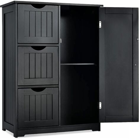 COSTWAY Meuble de Salle de Bain avec 3 Tiroirs, 1 Placard, Rangement Salle de Bain Étagère Réglable pour Salon, Chambre, Entrée, 58x28x81cm-Noir