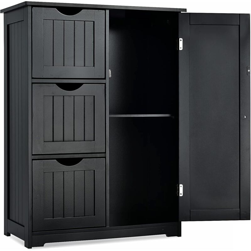 Meuble de Salle de Bain avec 3 Tiroirs, 1 Placard, Rangement Salle de Bain Étagère Réglable pour Salon, Chambre, Entrée, 58x28x81cm-Noir - Costway
