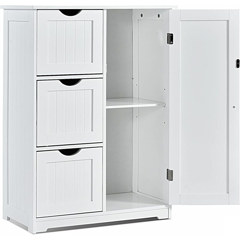 Meuble de Salle de Bain avec 3 Tiroirs, 1 Placard, Rangement Salle de Bain Étagère Réglable pour Salon, Chambre, Entrée, 58x28x81cm-Blanc - Costway