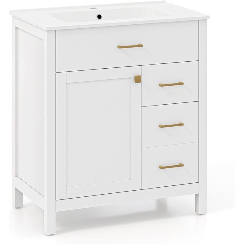 COSTWAY Meuble de Salle de Bain avec Lavabo, 2 Tiroirs Latéraux et Placard avec Porte, Armoire de Rangement sous Lavabo avec Porte Basculante, 76 x