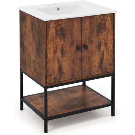 COSTWAY Meuble de Salle de Bain avec Lavabo, Meuble de Rangement avec Lavabo en Céramique, 2 Portes et Etagère Ouverte, Meuble de Lavabo Autoportant avec Kit Anti-Basculement, Marron Rustique