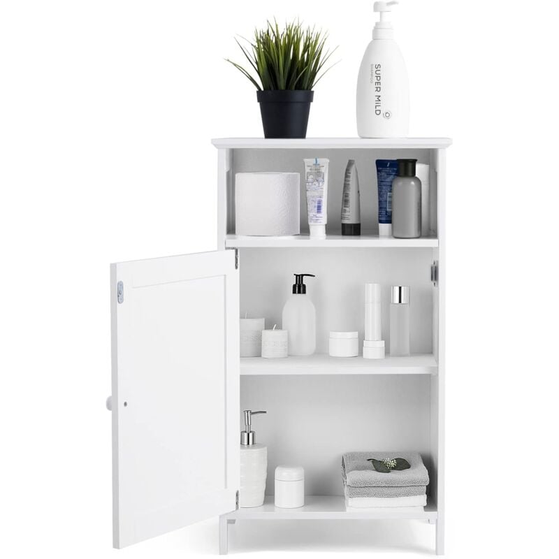 COSTWAY Meuble de Salle de Bain avec Porte Simple et Étagère Réglable de Rangement 45 x 30 x 84 CM en Bois pour Maison, Salon, Blanc