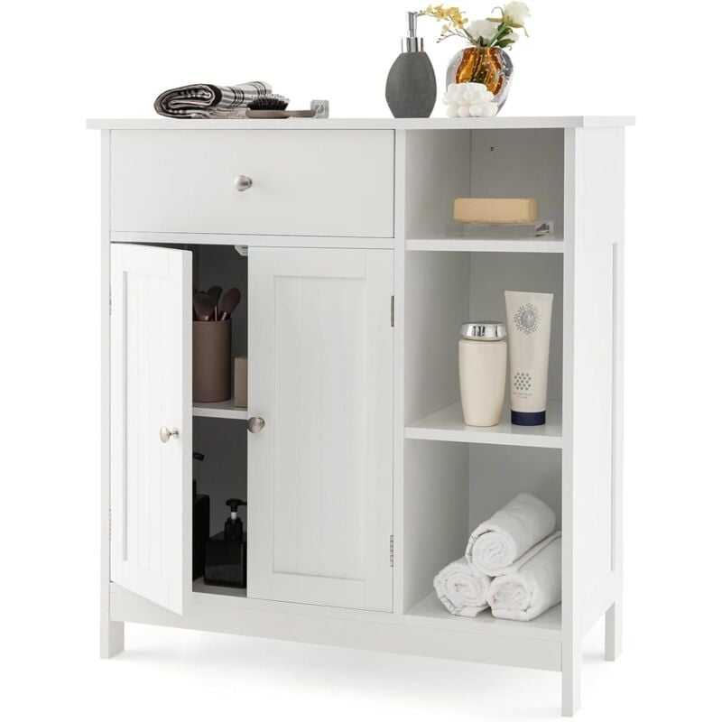 Meuble de Salle de Bain sur Le Sol, Armoire de Cuisine Indépendante de Rangement avec 1 Grand Tiroir, 2 Portes et Étagère Réglable, pour Salle de