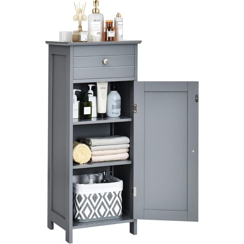 Costway - Meuble de Salle de Bain sur Pieds avec 1 Porte, Tiroir, 2 Étagères Réglables et Dispositif Anti-Dumping, 35x30x87,5CM Gris