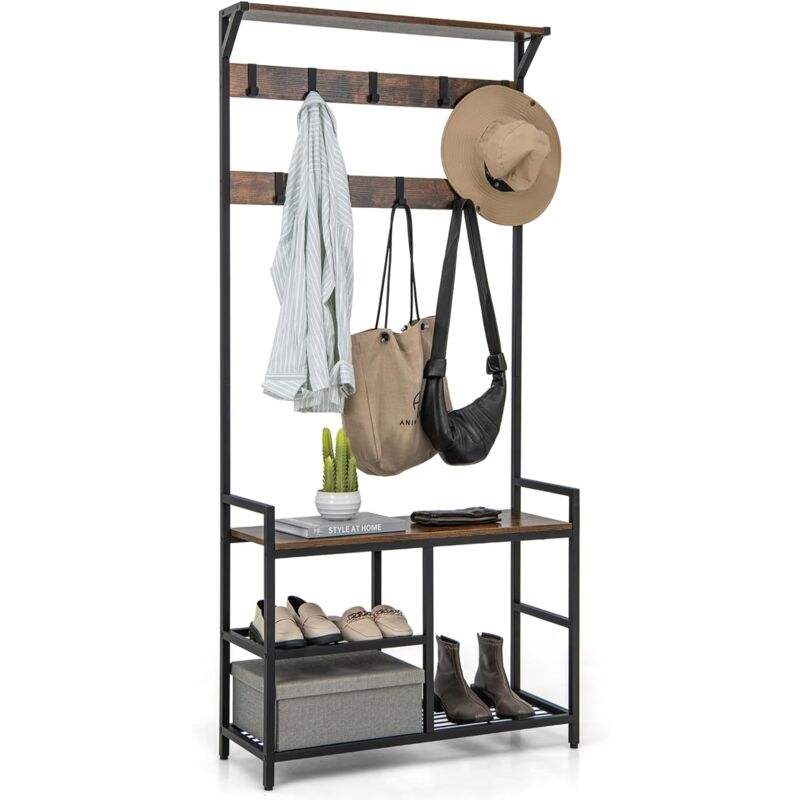 Costway - Meuble Entree Porte Manteau 3 en 1, Meuble Porte-Manteau et Chaussures, 9 Patères, Banc à Chaussures, 2 Étagères, Cadre en Métal, Design