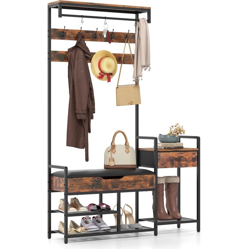 Costway - Meuble Entree Porte Manteau, Meuble à Chaussures, 9 Patères Double, Cintre avec Crochets, Tiroir, Etagère, Banc de Rangement pour Vestiaire