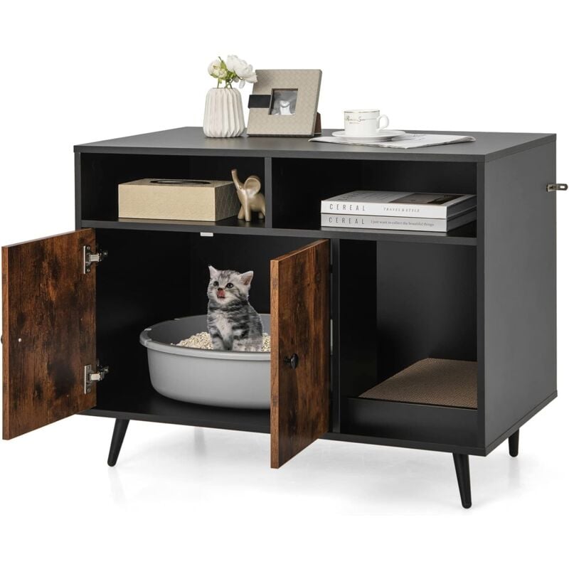 Costway - Meuble Litière Chat avec Griffoir Industriel, Maison de Toilette Chat Anti-basculement 2 Étagères de Rangement, Pieds Métalliques