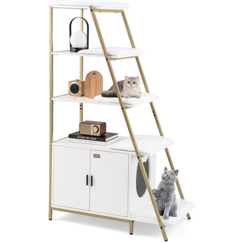 Costway - Meuble Litiere Chat avec Rangement 92,5 × 49 × 149 cm, Etagères à 5 Niveaux, Tapis Amovible, Trous d'Aération, Maison de Toilette Chat,