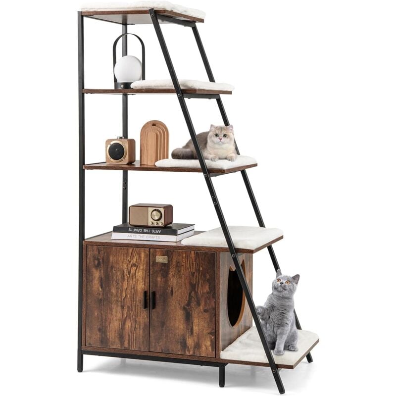 COSTWAY Meuble Litiere Chat avec Rangement 92,5 × 49 × 149 cm, Etagères à 5 Niveaux, Tapis Amovible, Trous d'Aération, Maison de Toilette Chat,