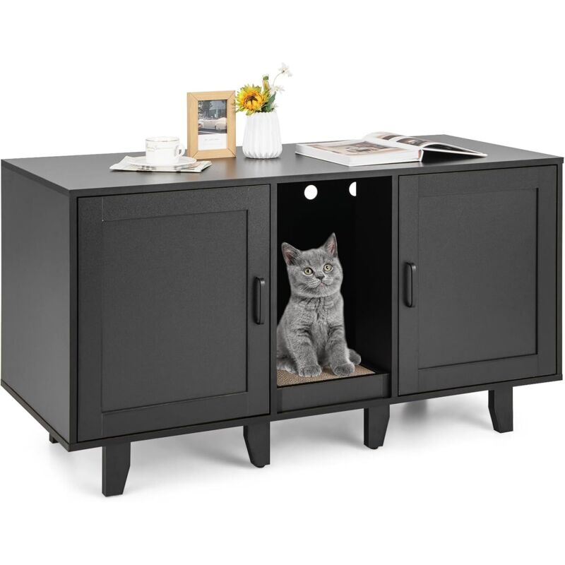 COSTWAY Meuble Litière Chat en Bois Double Porte 3 en 1, Planche à Griffer, 6 Pieds Surélevés Amovibles, 6 Passe-Câble, Maison de Toilette Chat, 120