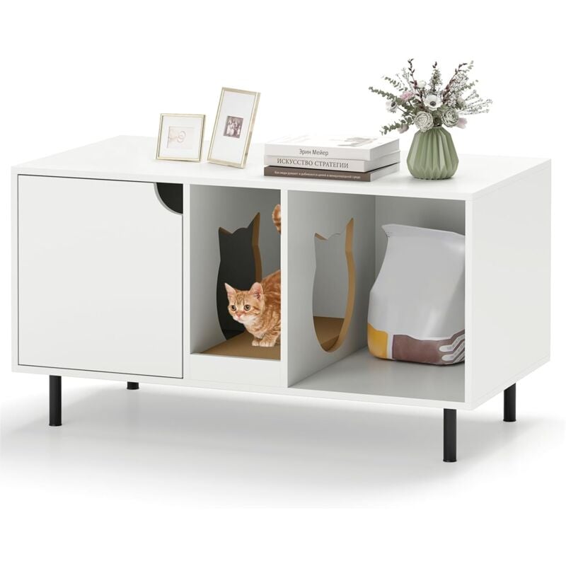 Meuble Litiere Chat en Bois, Maison Chat 3 en 1, Planche à Griffer Amovible, Pieds Surélevée en Métal, Maison de Toilette Chat, Trous de Chats
