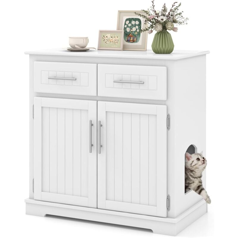 Meuble Litiere Chat en Bois, Maison pour Chat 3 en 1, 2 Portes et 2 Tiroirs, Kits Anti-basculement, Base Épaissie 7,5 cm, Maison de Toilette Chat,