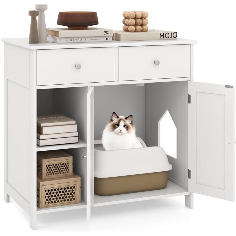 Meuble Litiere Chat en Bois, Maison pour Chat 3 en 1, 2 Portes et 2 Tiroirs, Kits Anti-basculement, Maison de Toilette Chat, Entrée Latérale,