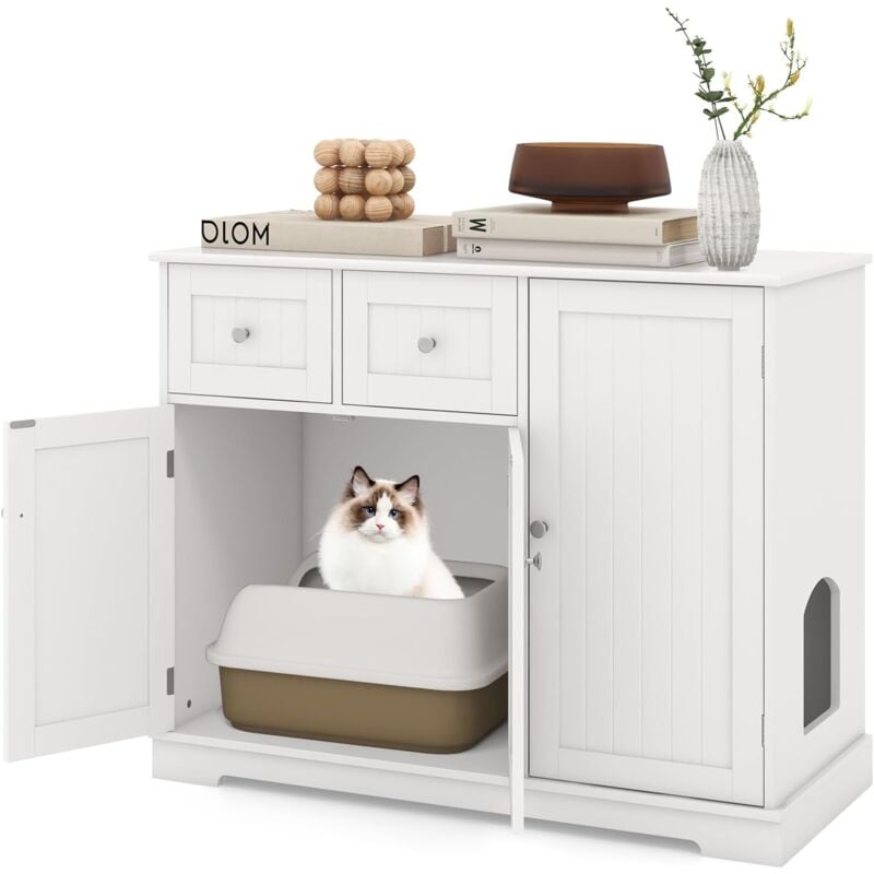 Meuble Litiere Chat en Bois, Maison pour Chat 3 en 1, 3 Portes et 2 Tiroirs, Kits Anti-basculement, Maison de Toilette Chat, Entrée Latérale, Étagère
