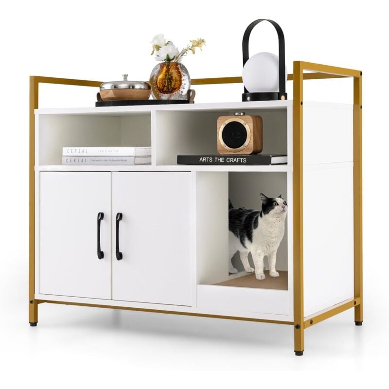 Meuble Litiere Chat Griffoir Amovible Industriel, Maison de Toilette Chat Anti-basculement Structure Métal Antirouille, 89x45x74,5cm (Blanc) - Costway