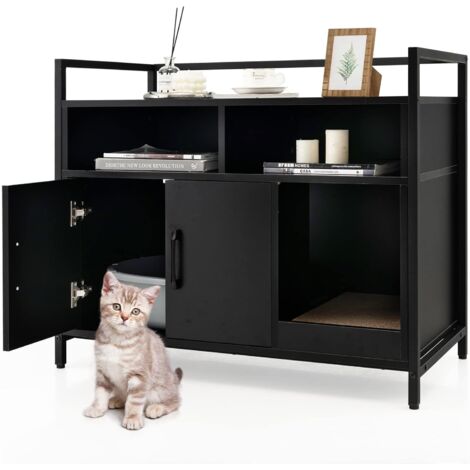 COSTWAY Meuble Litiere Chat Griffoir Amovible Industriel, Maison de Toilette Chat Anti-basculement Structure Métal Antirouille, 89x45x74,5cm Noir
