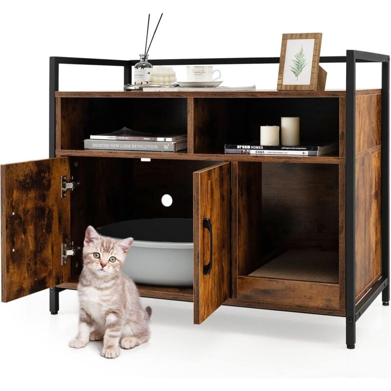 Meuble Litiere Chat Griffoir Amovible Industriel, Maison de Toilette Chat Anti-basculement Structure Métal Antirouille, 89x45x74,5cm Café - Costway