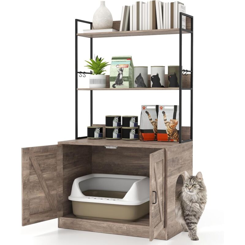 COSTWAY Meuble Litiere Chat, Maison de Toilette Chat avec 3 Étagères de Rangement, 4 Crochets, Placard à 2 Portes, Entrée Latérale, pour Cacher la
