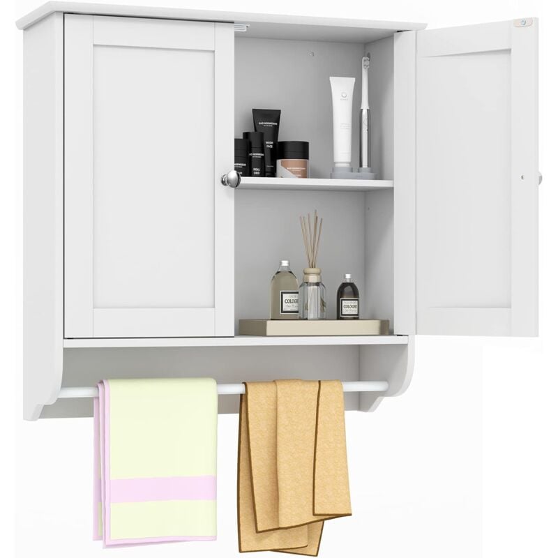 Meuble Mural, Armoire de Salle de Bain Murale, Armoire à Pharmacie 2 Portes avec Porte-Serviettes et Etagère Réglable, Meuble de Rangement Suspendu,