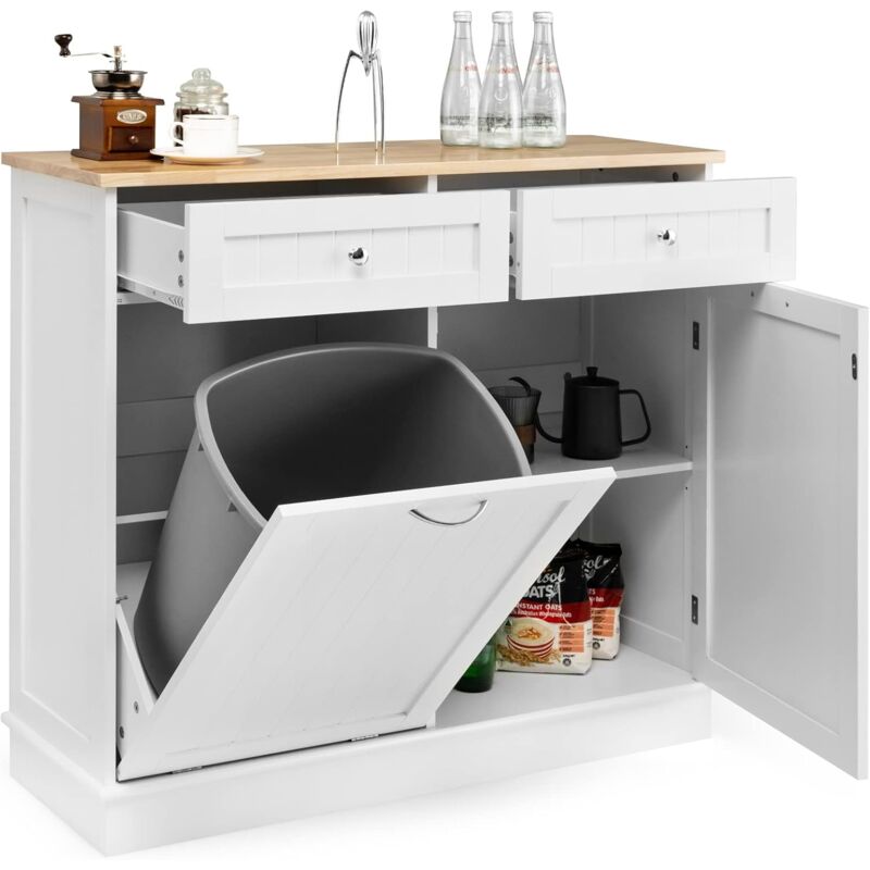 Meuble Salle de Bain avec 2 Tiroirs et Placard 42L, Armoire Commode avec Plateau en Caoutchouc, Placard pour Poubelle, Linge, Étagère Réglable, 100 x