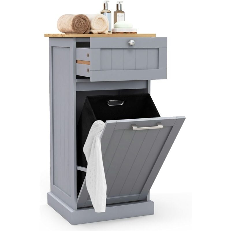 Meuble Salle de Bain avec Tiroir, Meuble Linge Placard 38L, Panier à Linge Amovible, Porte Basculante, Placard Rangement pour Salle de Bain,
