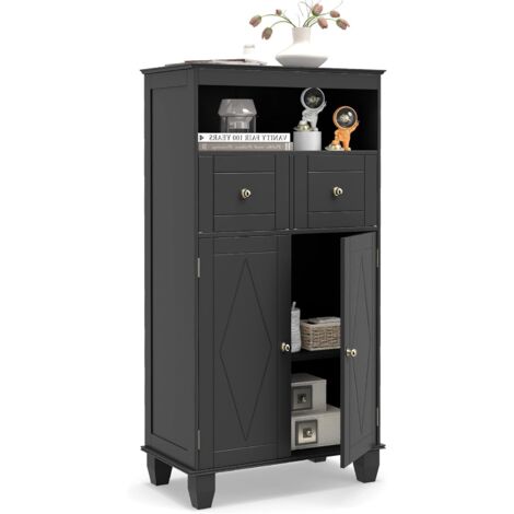 COSTWAY Meuble Salle de Bain, Meuble de Rangement avec 2 Tiroirs et Placard à 2 Portes, Compartiment Ouvert, Étagère Réglable, Commode de Toilette sur Pied pour Salon, Entrée, Couloir (Noir)