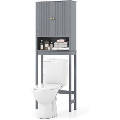 COSTWAY Meuble Toilette, Étagère WC, Portes Cannelées, Compartiments Ouverts, Étagère Réglable, Barre Inférieure, Meuble WC Rangement Gain de Place, pour Salle de Bain, 23 x 60 x 168 cm (Gris)