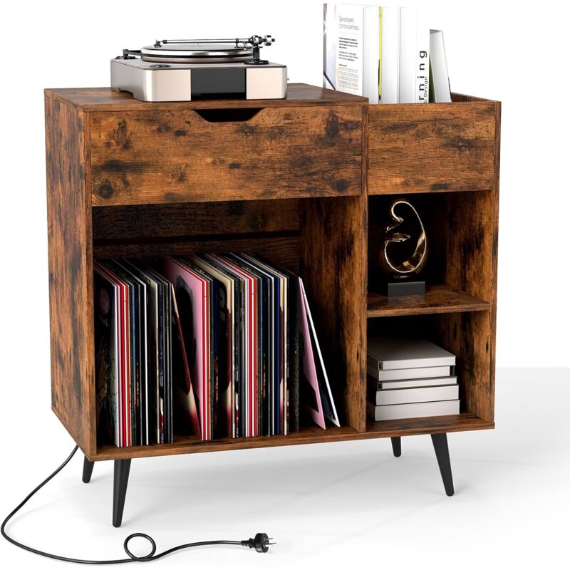 Meuble Tourne-Disque Vinyle avec Prise, Armoire Commode Vinyle avec Tiroir, 2 Prises, 1 usb, 1 Type-C, 2 Kits Anti-basculement, Buffet Vinyle pour