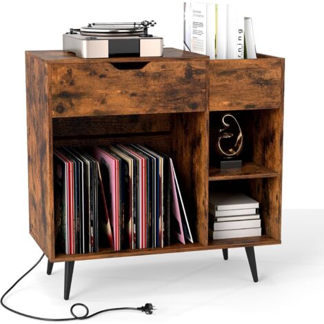 COSTWAY Meuble Tourne-Disque Vinyle avec Prise, Armoire Commode Vinyle avec Tiroir, 2 Prises, 1 USB, 1 Type-C, 2 Kits Anti-basculement, Buffet Vinyle pour Salon, Chambre,