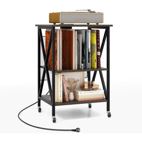 COSTWAY Meuble Tourne-Disque Vinyle avec Prise, Table d’Appoint à Roulette avec Station de Charge, 2 Prises, 2 USB, 1 Type-C, Bout de Canapé, Support Tourne-Disque Industriel (Gris)