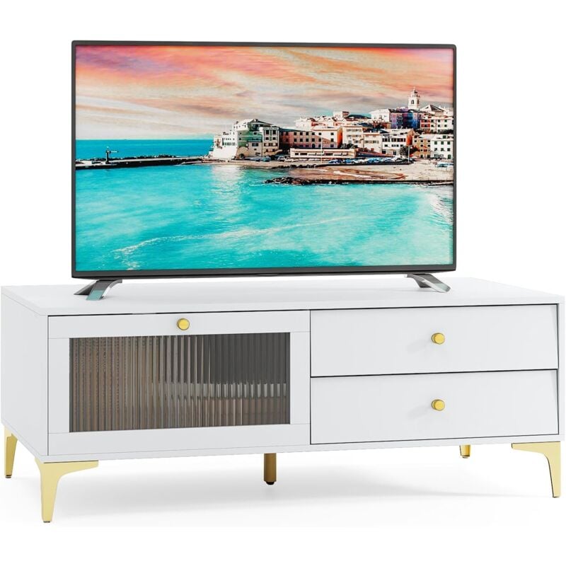 Costway - Meuble tv 2 Tiroirs, Meuble pour Télé de 55 Pouces, Console tv 47,5' avec Compartiment, Porte en Verre Trempé Rabattable, Pieds