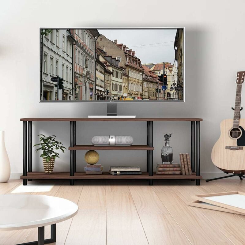 meuble tv à 3 niveaux pour télévision jusqu'à 50 pouces, banc tv moderne avec structure en métal, pour salon, chambre, marron - costway